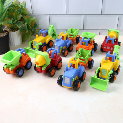 Wukusy Funwoods Itsy Bitsy construction vehicle toy set for kids, includes 8 colorful miniature construction trucks and tools.