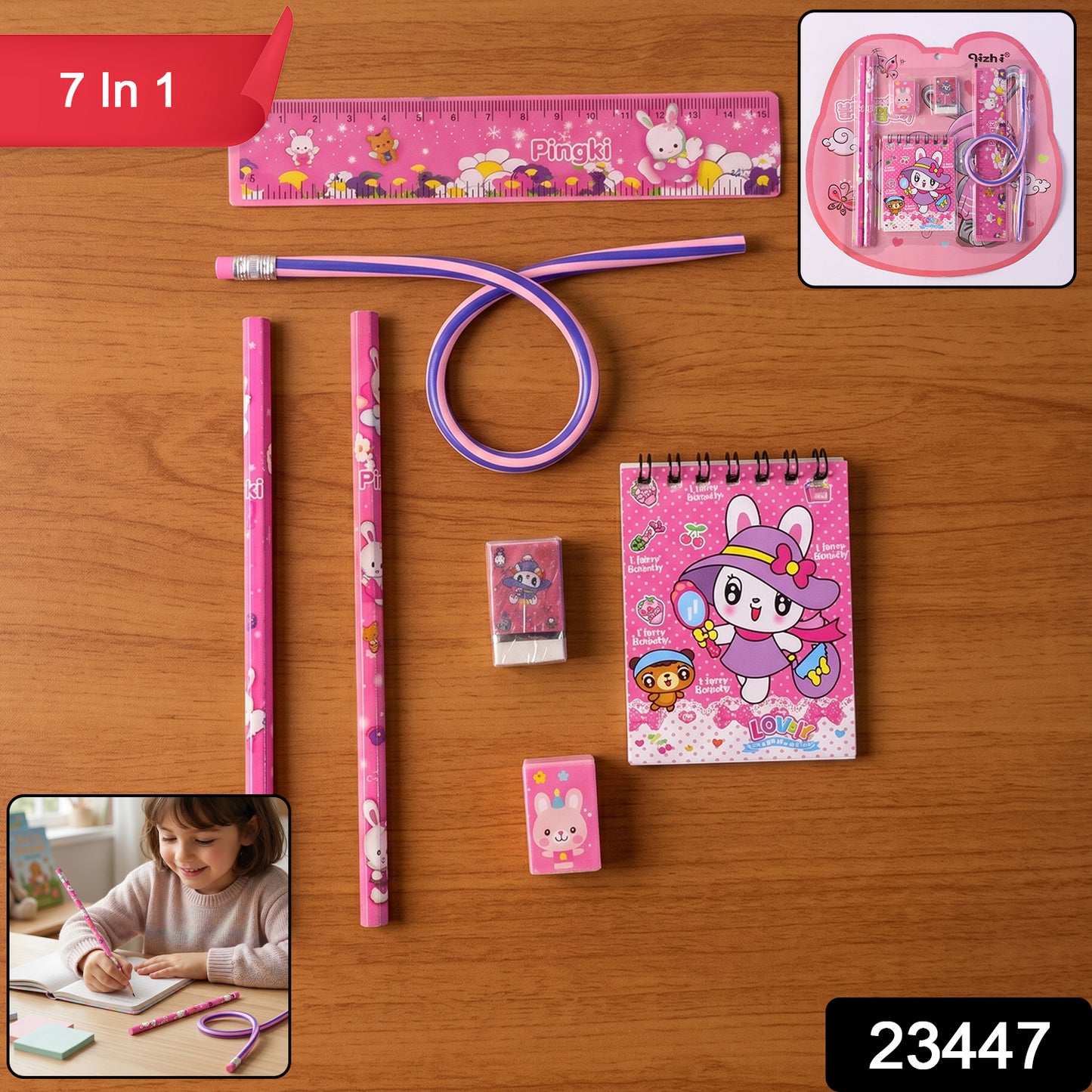 Wukusy 7-in-1 pink stationery set including ruler, pencil, eraser, notebook, and sharpener on a white background.
