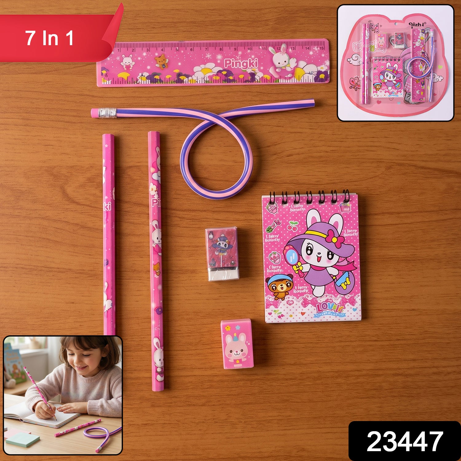 Wukusy 7-in-1 pink stationery set including ruler, pencil, eraser, notebook, and sharpener on a white background.