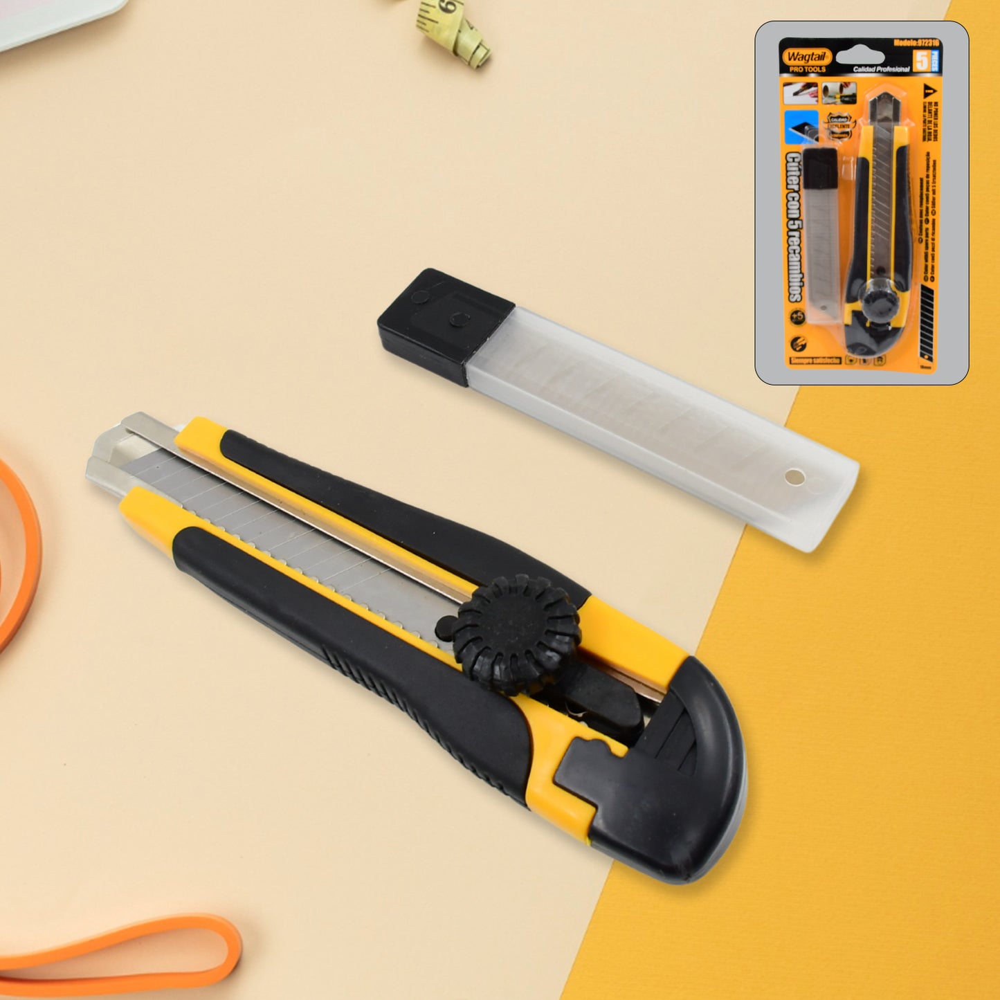 Wukusy cutter knife set with ergonomic handle and four replacement blades, ideal for precise cutting tasks.