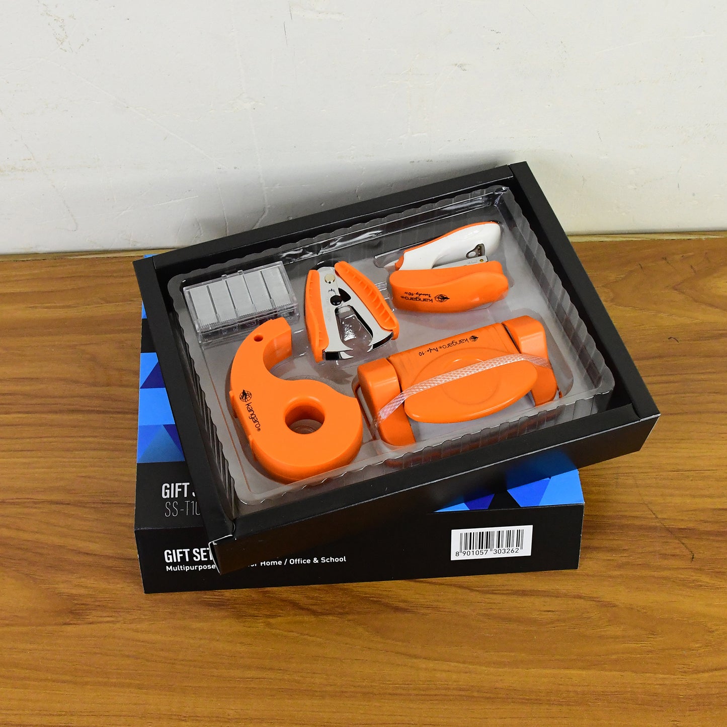 Wukusy Kangaro 5-in-1 stationery gift set including stapler, staples, staple remover, tape dispenser, and assorted office tools