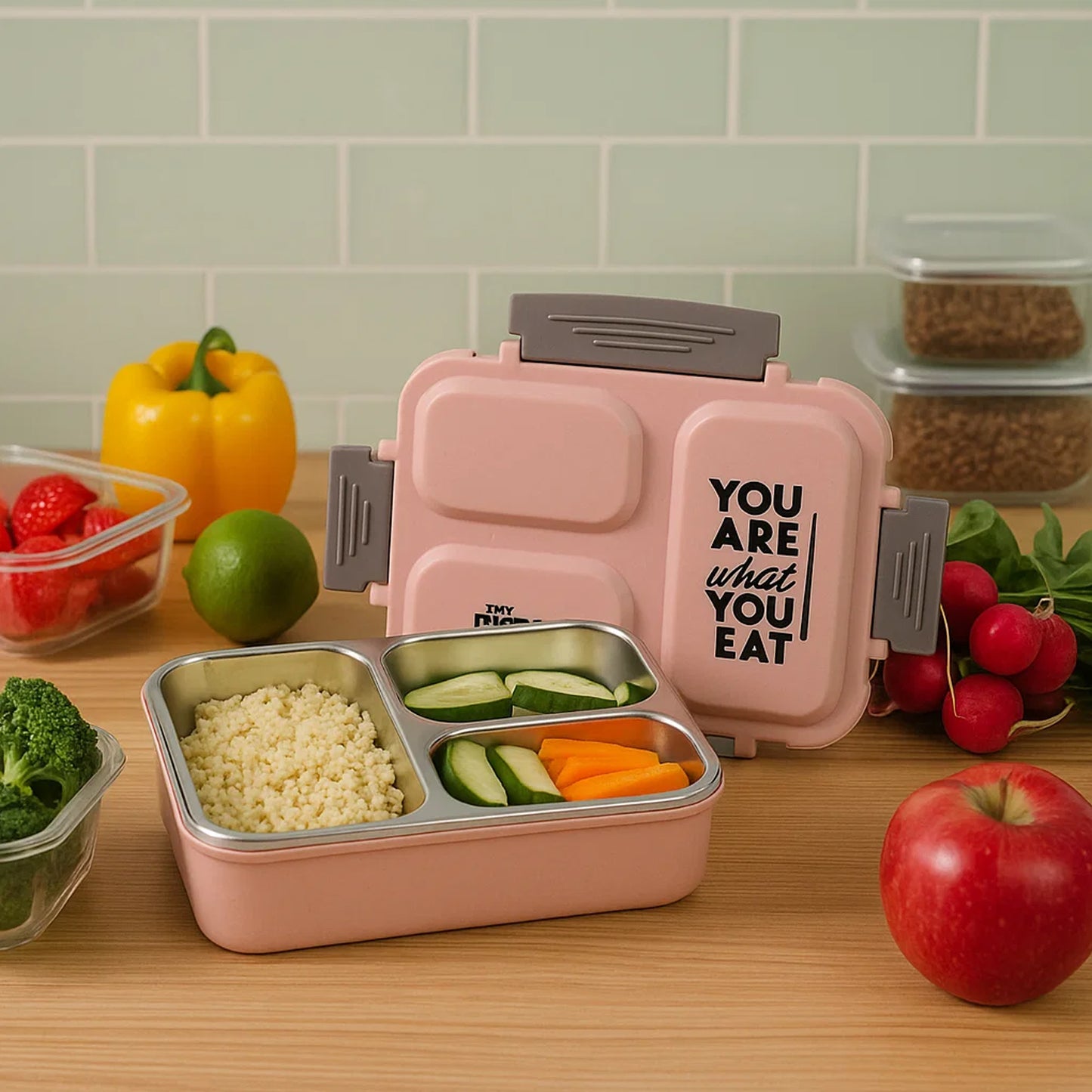 Wukusy Supermom premium stainless steel inner lunch box for home and kitchen, showing the sleek, compact design and stainless steel interior.