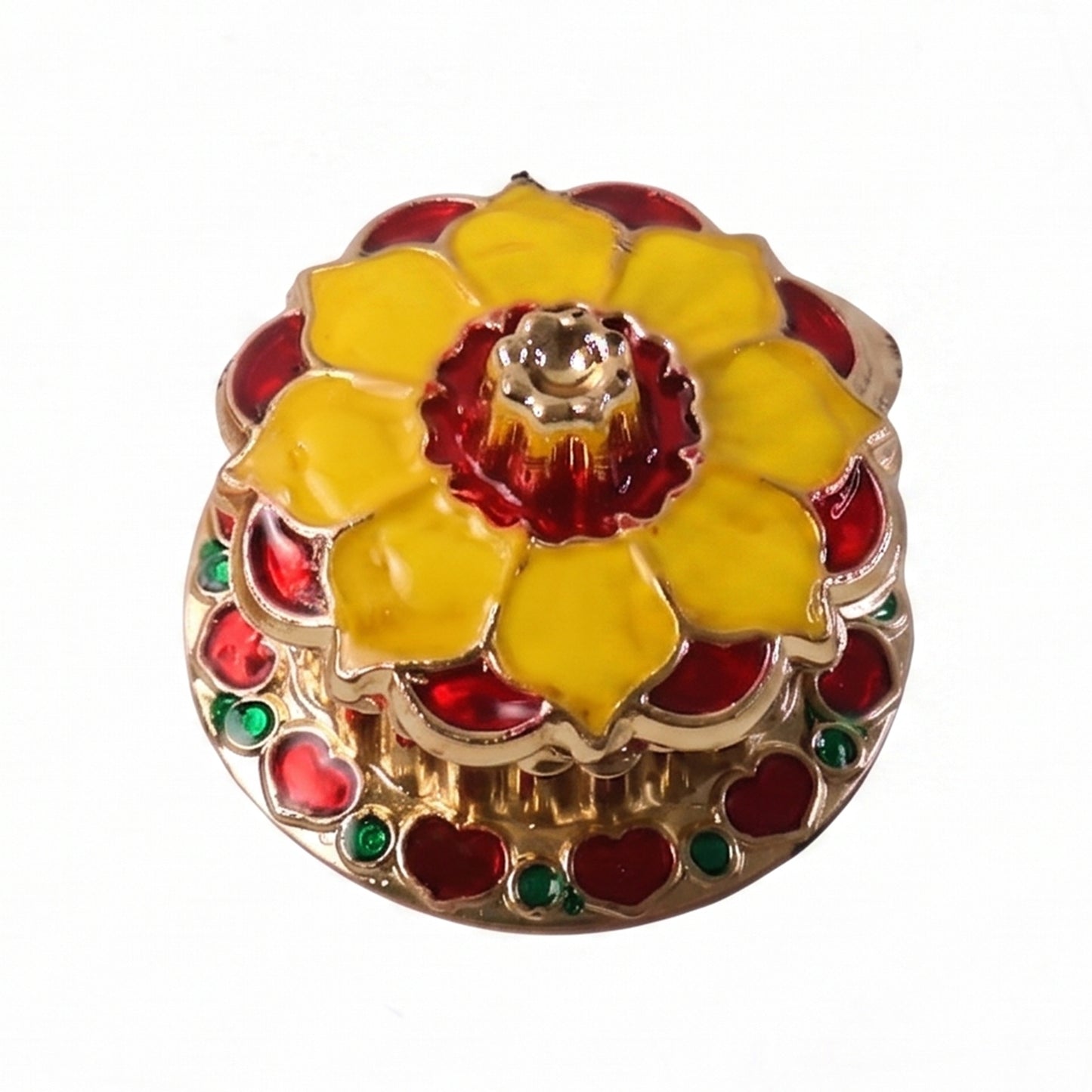 Decorative golden Kankavati kumkum box for traditional sindoor holder, used in pooja rituals, by Wukusy.