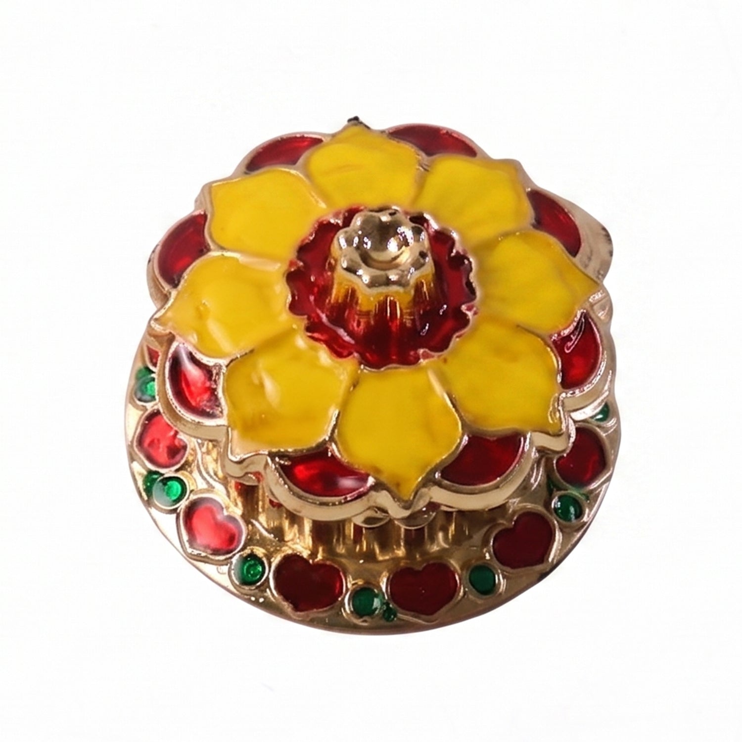 Decorative golden Kankavati kumkum box for traditional sindoor holder, used in pooja rituals, by Wukusy.