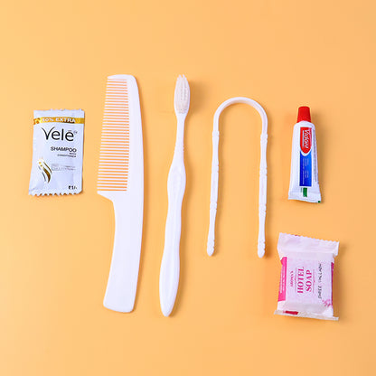 Wukusy 6-in-1 hotel guest toiletry kit with travel-sized bottles, comb, and personal care essentials in a compact set.