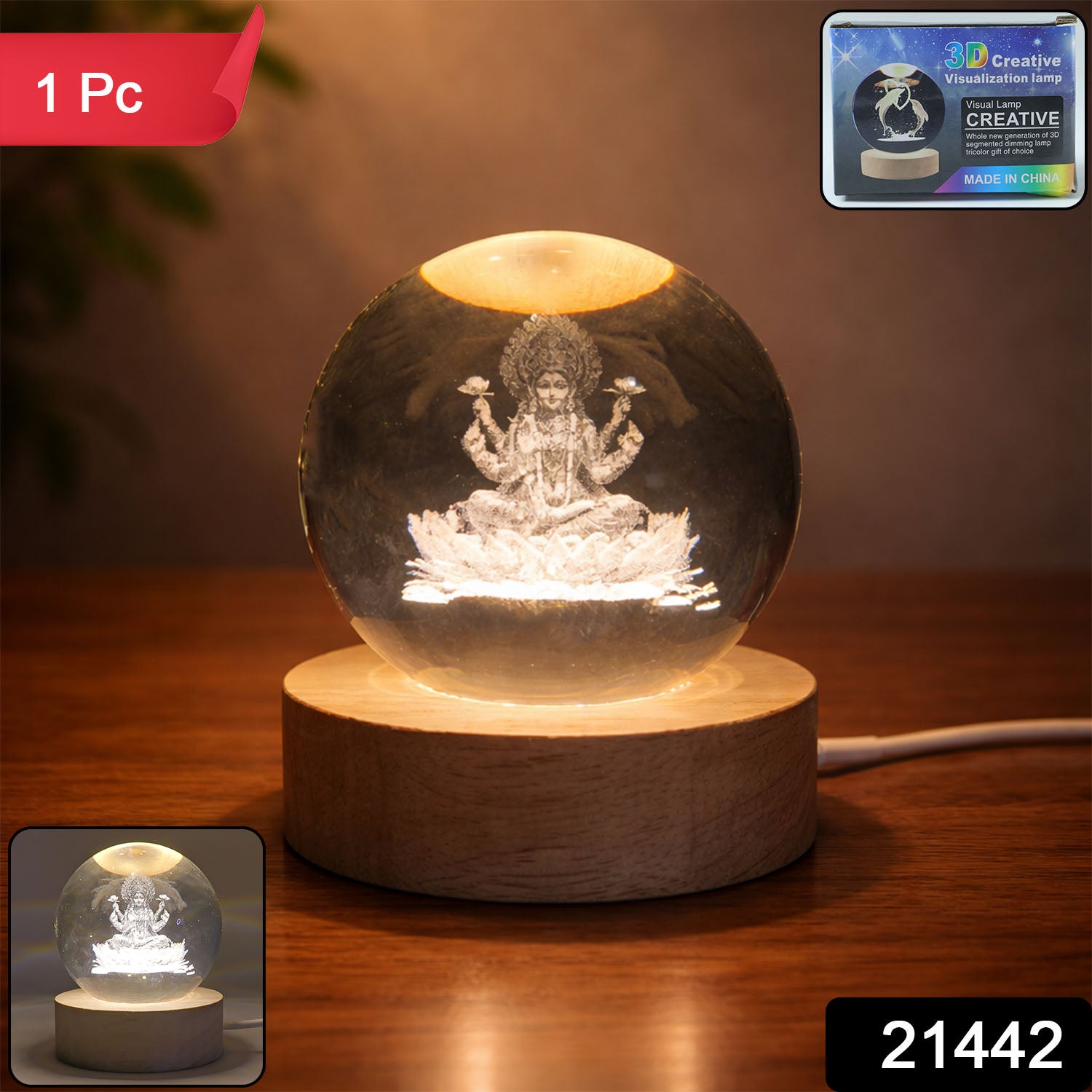 3D crystal Lakshmi ball LED night lamp with wooden base by Wukusy, features intricate Lakshmi design and soft glow.