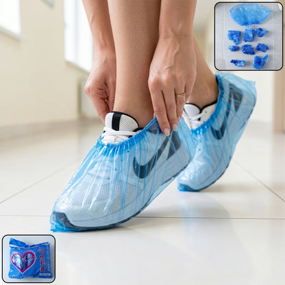 Set of 100 disposable plastic shoe covers with elastic fit, showing clear, lightweight covers suitable for protective use.