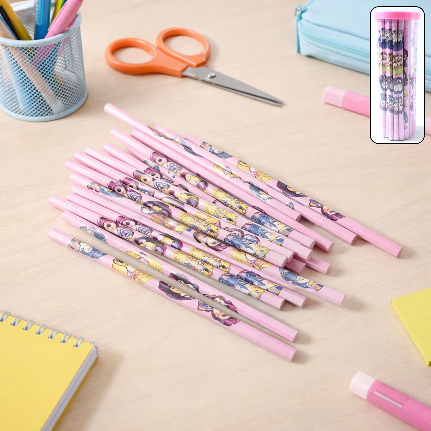 Colorful cartoon printed wooden pencils from Wukusy, 50-piece set, arranged in a creative display, perfect for drawing and writing.