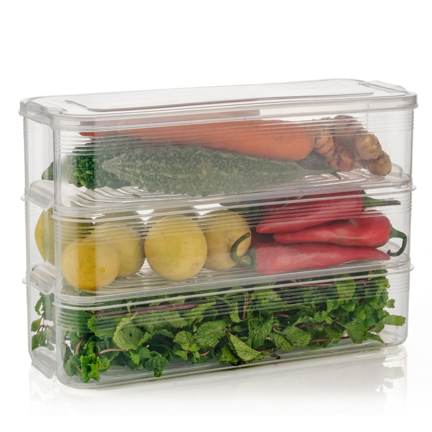 Wukusy 5595 plastic fridge storage containers with lids, stackable 1500ml for fish, meat, vegetables, and fruits, pack of 3.