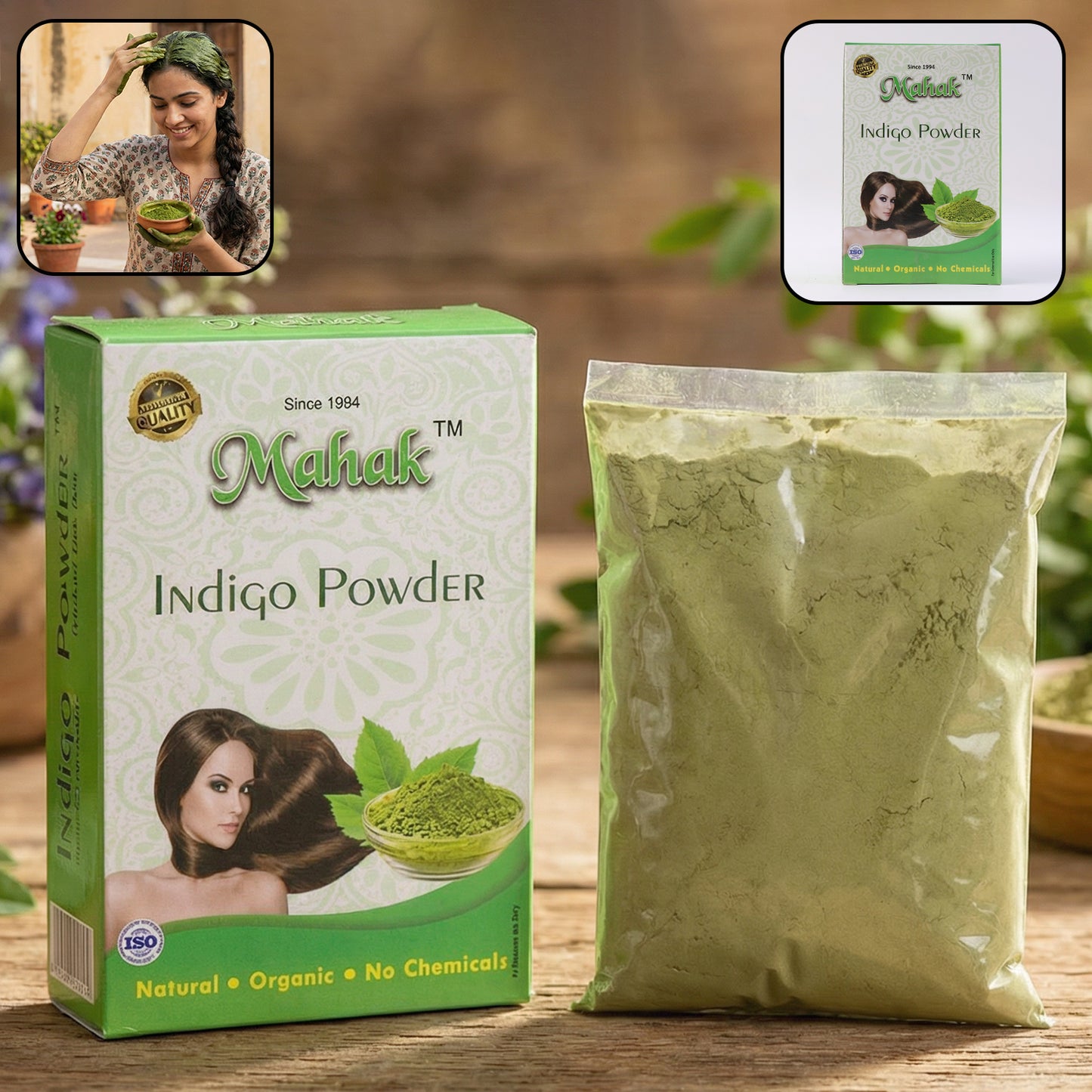 Natural indigo powder by Wukusy for traditional hair care, showing vibrant blue indigo powder in a clear container.