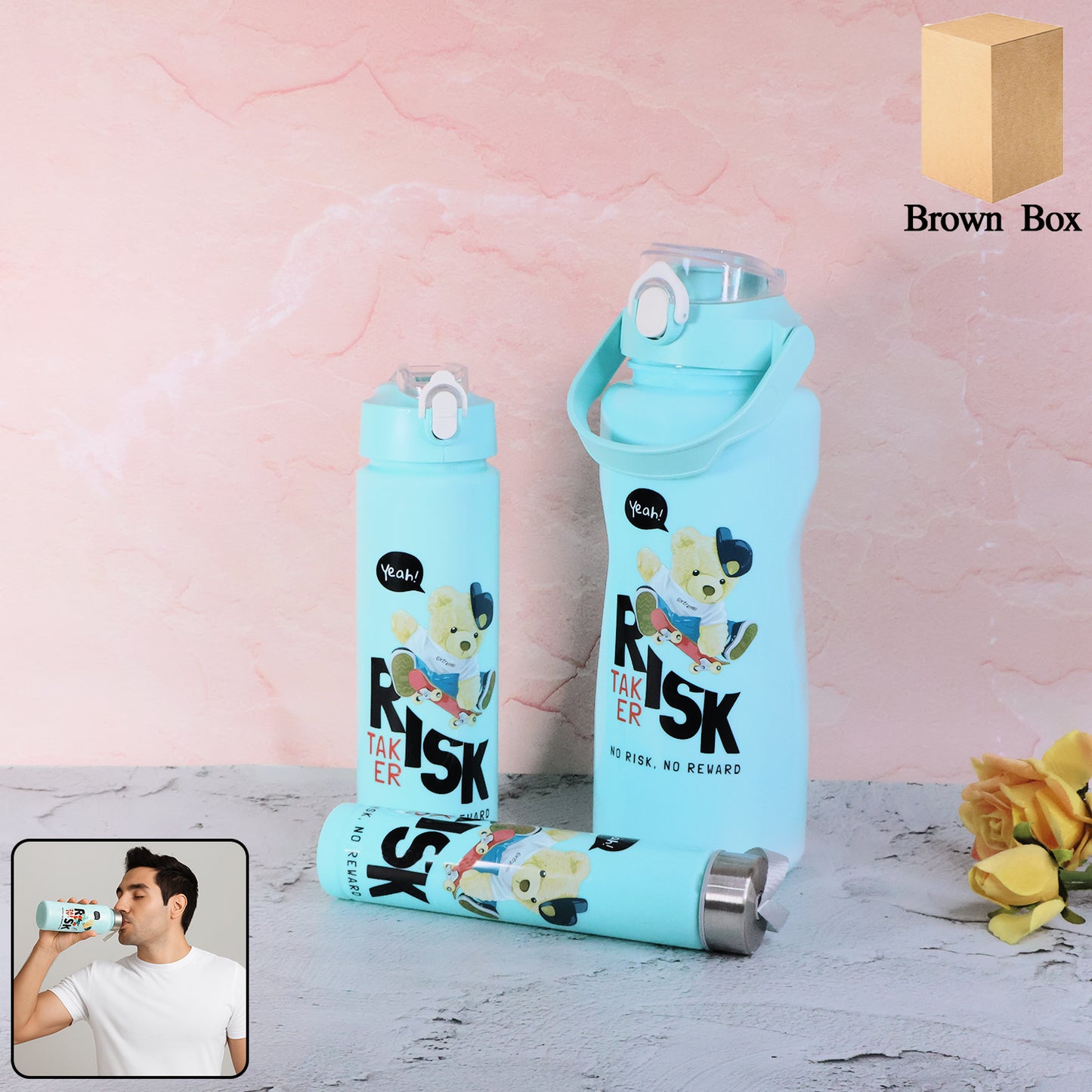 Wukusy Risk Taker printed water bottle set with 2000ml, 900ml, and 300ml bottles in a home improvement style.
