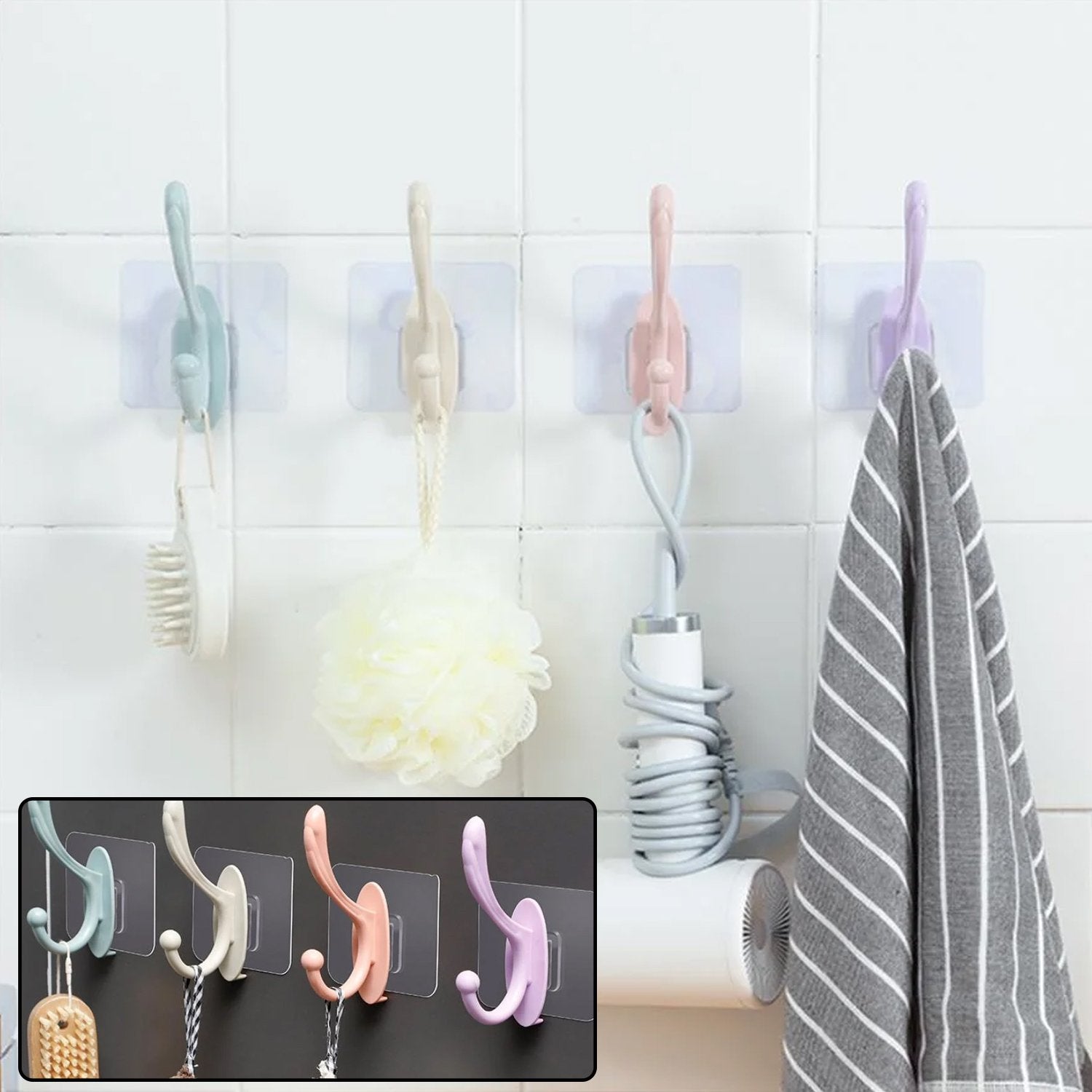 Wukusy 4687 self-adhesive plastic wall hook attached to a wall, ideal for home organization and hanging items.