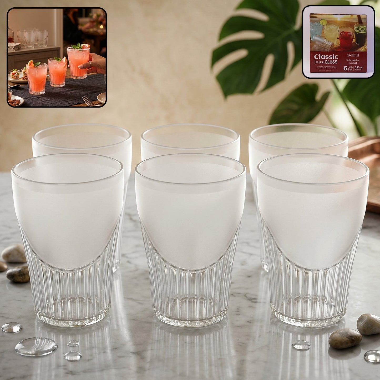 Set of six Wukusy plastic juice glasses, unbreakable water tumblers, clear and durable for home use.