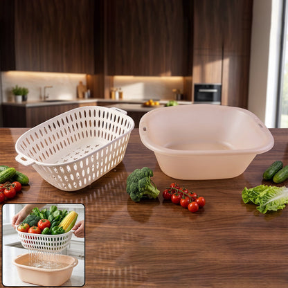 Wukusy 2-in-1 plastic double drain basket strainer and washing bowl colander set, featuring two versatile kitchen tools.