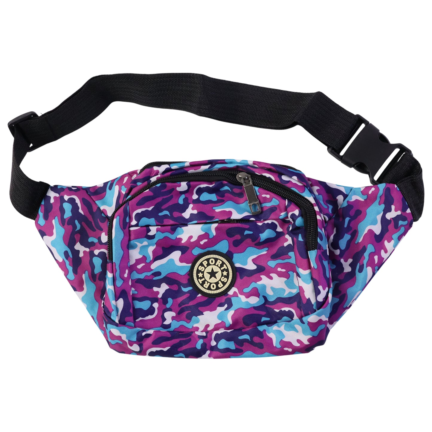 Camouflage print waist bag by Wukusy with adjustable strap and multiple compartments, suitable for casual outdoor use.