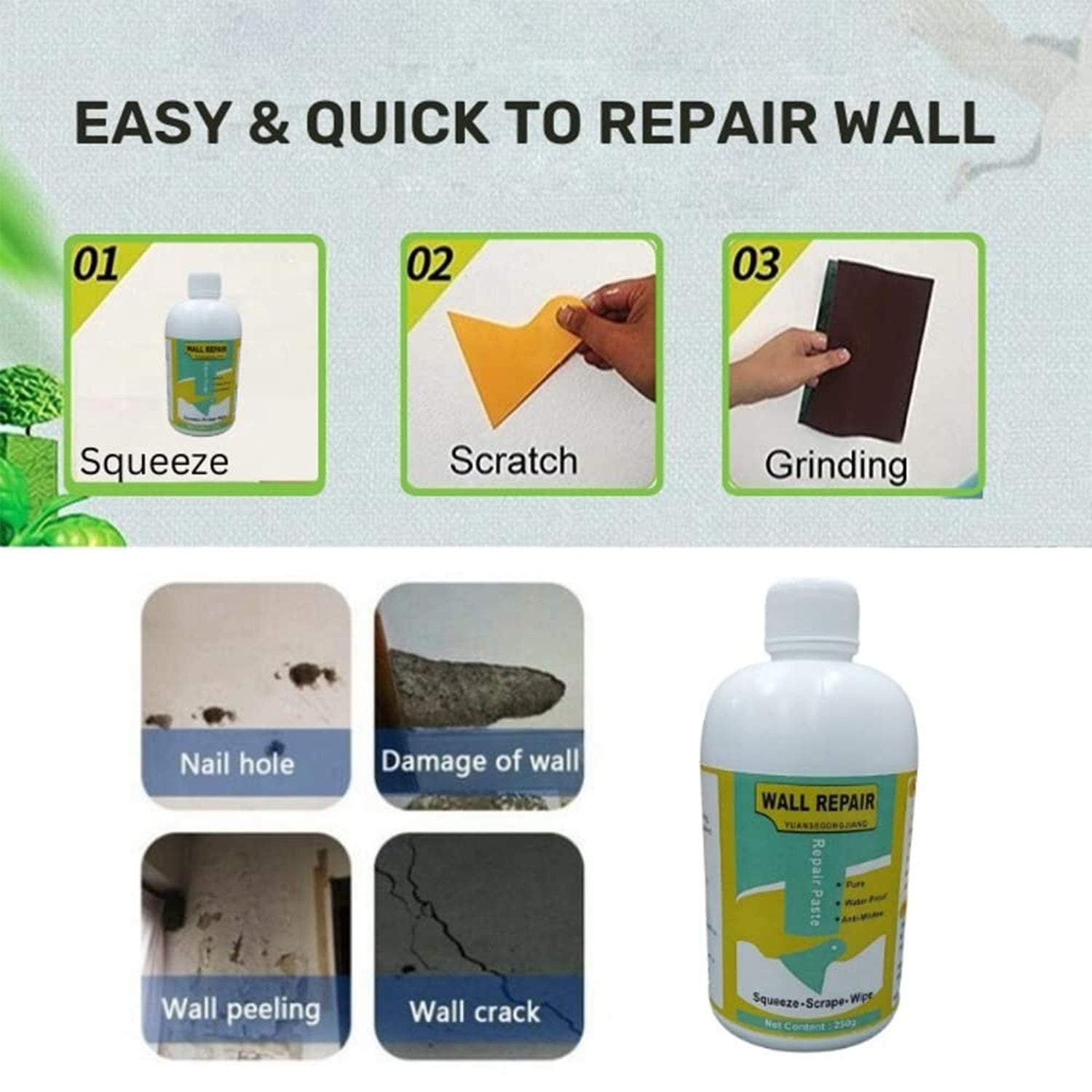 Wukusy wall crack repair cream set with scraper for filling and smoothing cracks in interior walls.