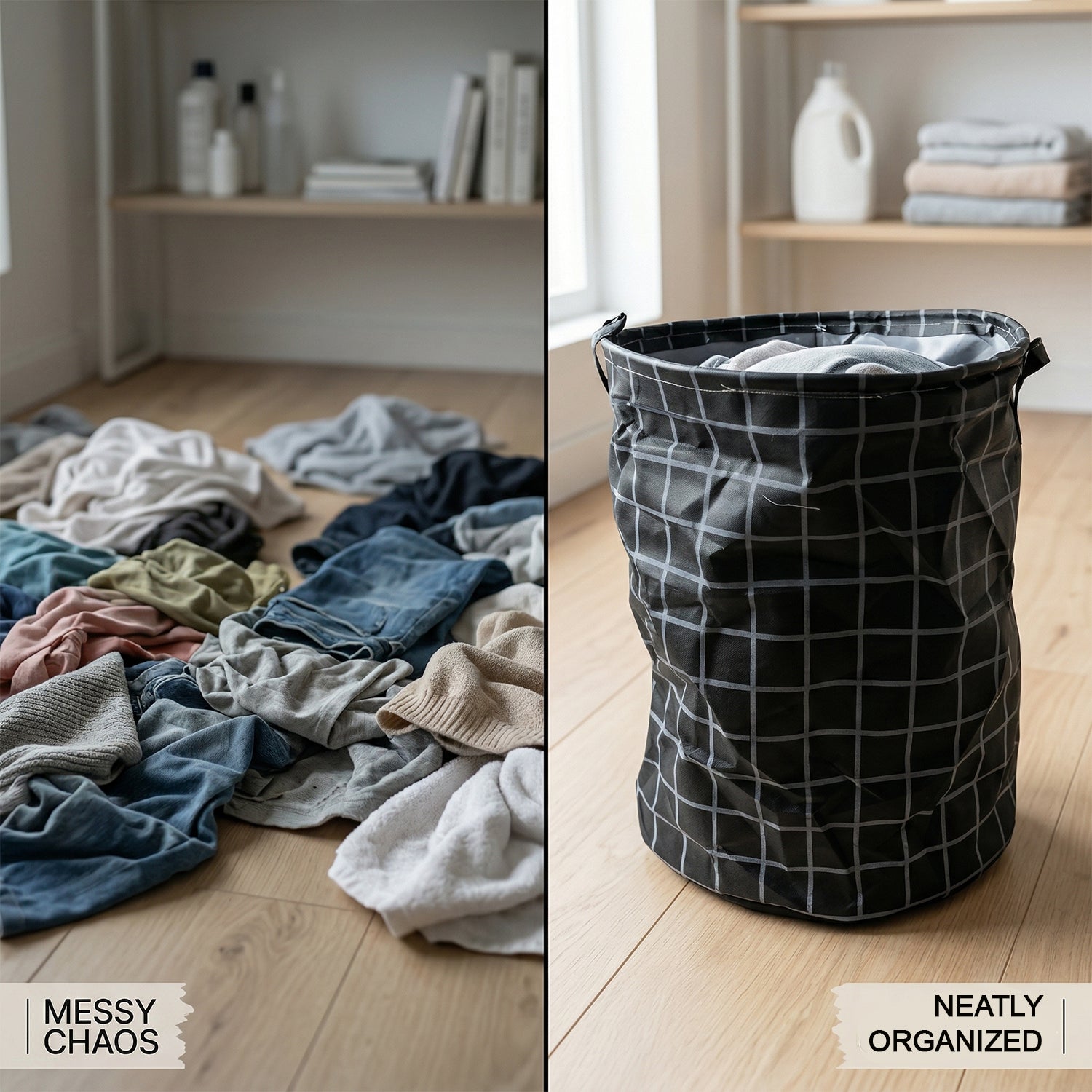 Wukusy foldable laundry storage basket, 44x35 cm, made of durable fabric, shown in an open, versatile design for organizing laundry.