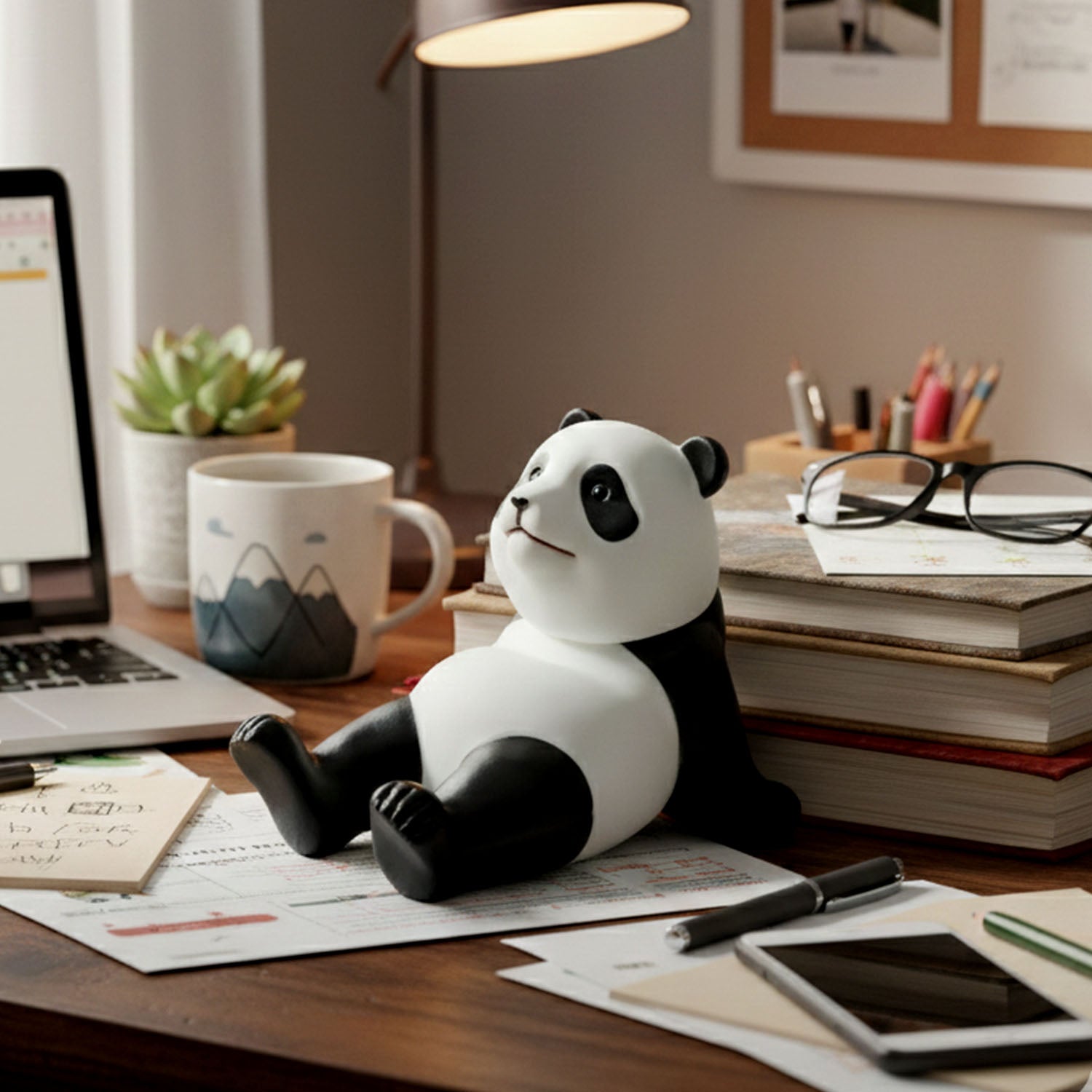 Wukusy cute panda mobile phone stand holder showing a small panda figure supporting a smartphone.