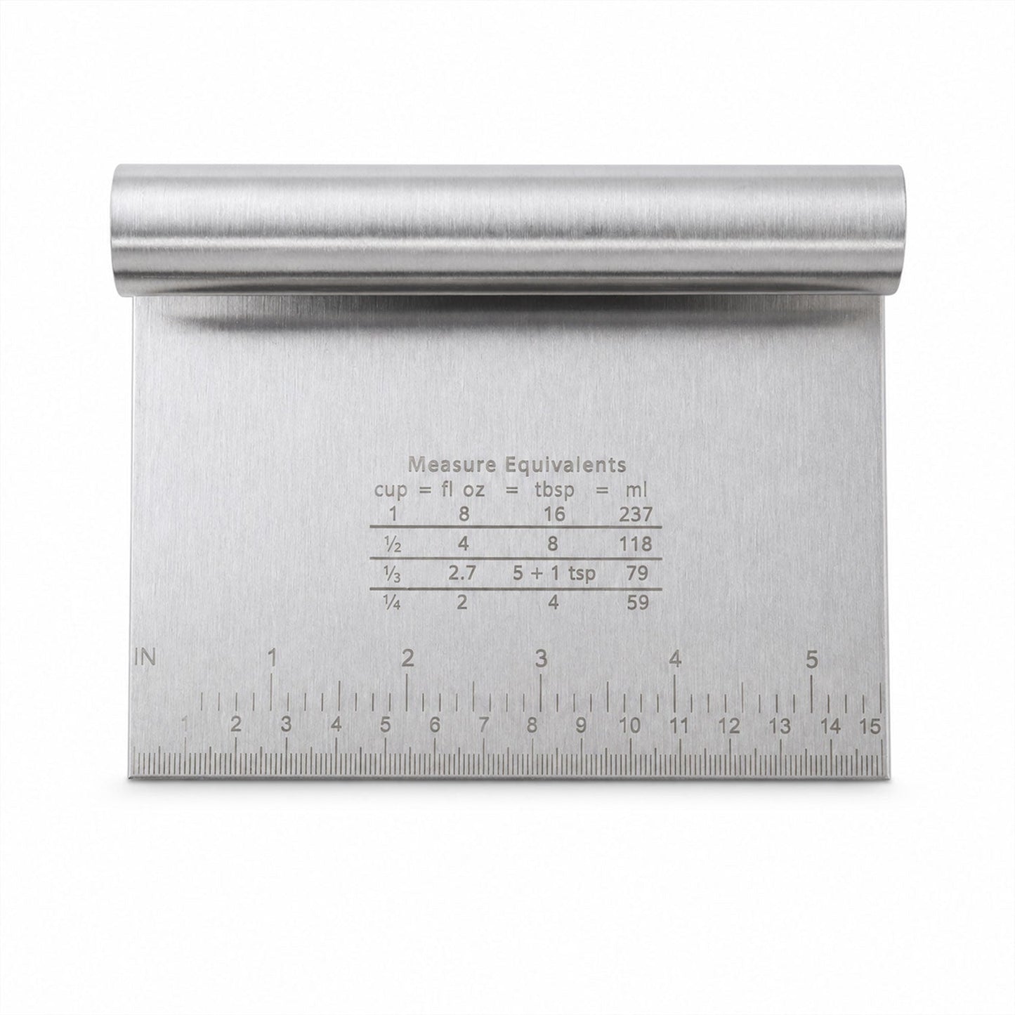 Small stainless steel dough scraper with scale, 15x12 cm, from Wukusy, showing the tool's flat blade and measurement markings.