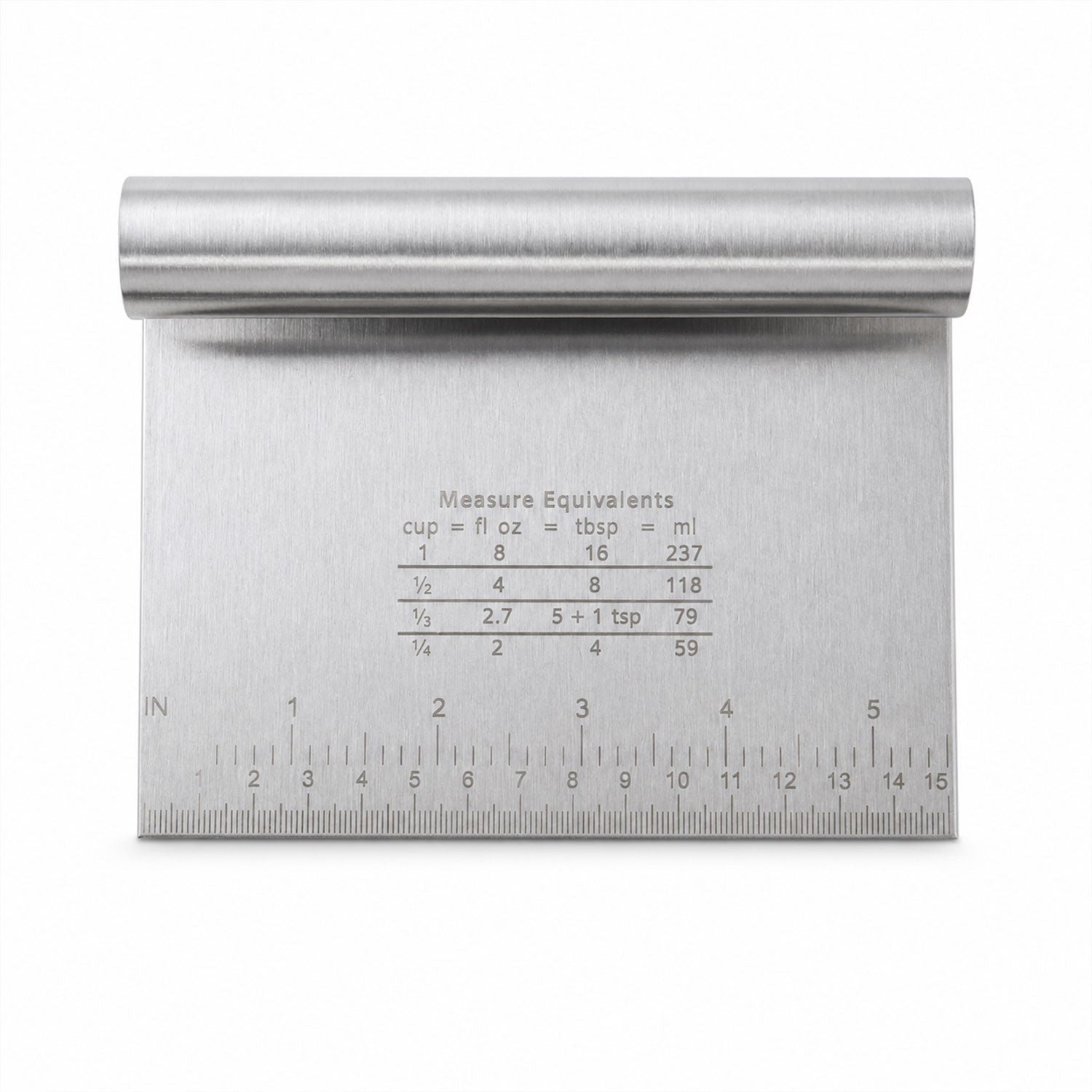 Small stainless steel dough scraper with scale, 15x12 cm, from Wukusy, showing the tool's flat blade and measurement markings.