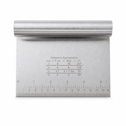 Small stainless steel dough scraper with scale, 15x12 cm, from Wukusy, showing the tool's flat blade and measurement markings.