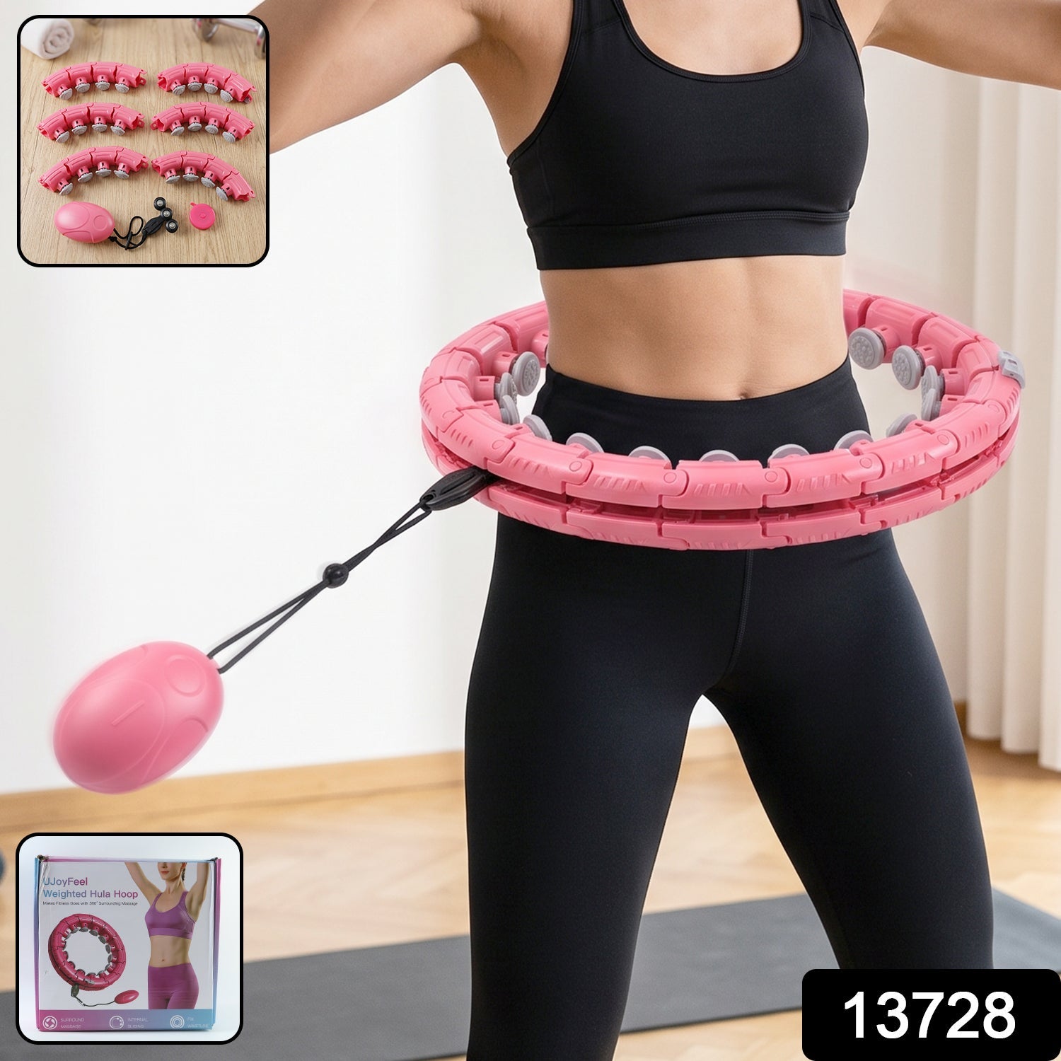 Wukusy adjustable smart weighted hula hoop with massage ball for waist slimming, shown assembled with padding and massage features