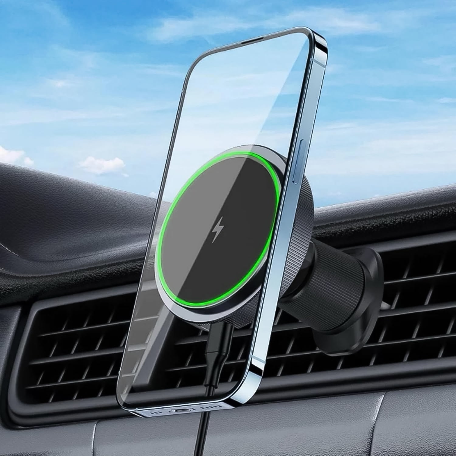 Wukusy magnetic phone mount wireless charger with music reactive lights, adjustable holder, and charging cable for mobile devices