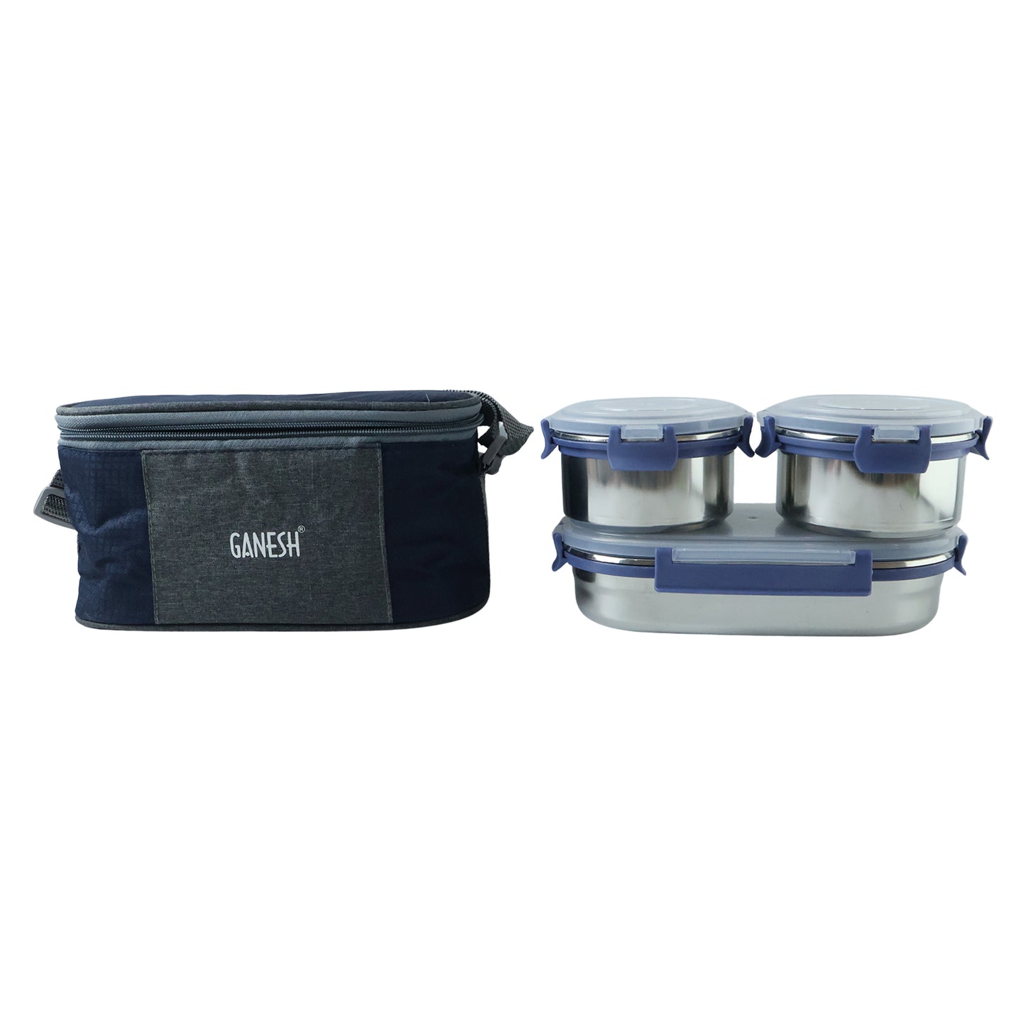 Wukusy Ganesh Neo Fusion 3 stainless steel lunch box set with three containers and secure lids for portable meal storage.