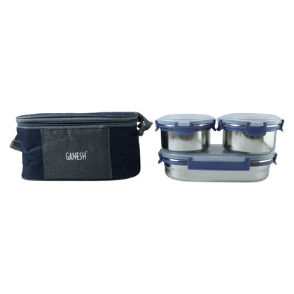 Wukusy Ganesh Neo Fusion 3 stainless steel lunch box set with three containers and secure lids for portable meal storage.