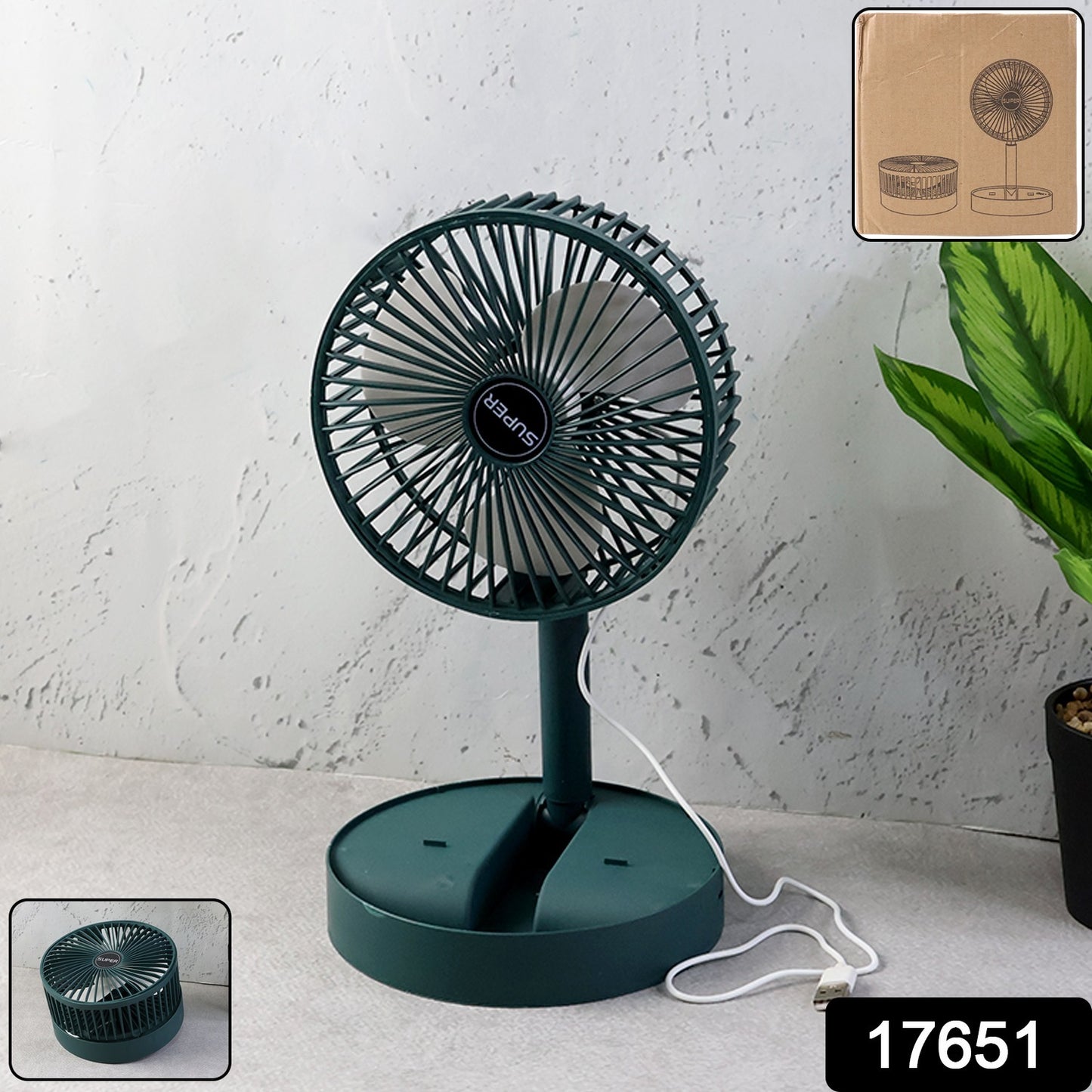 Wukusy foldable mini desk fan with adjustable height and angle, compact and portable for home or office use.