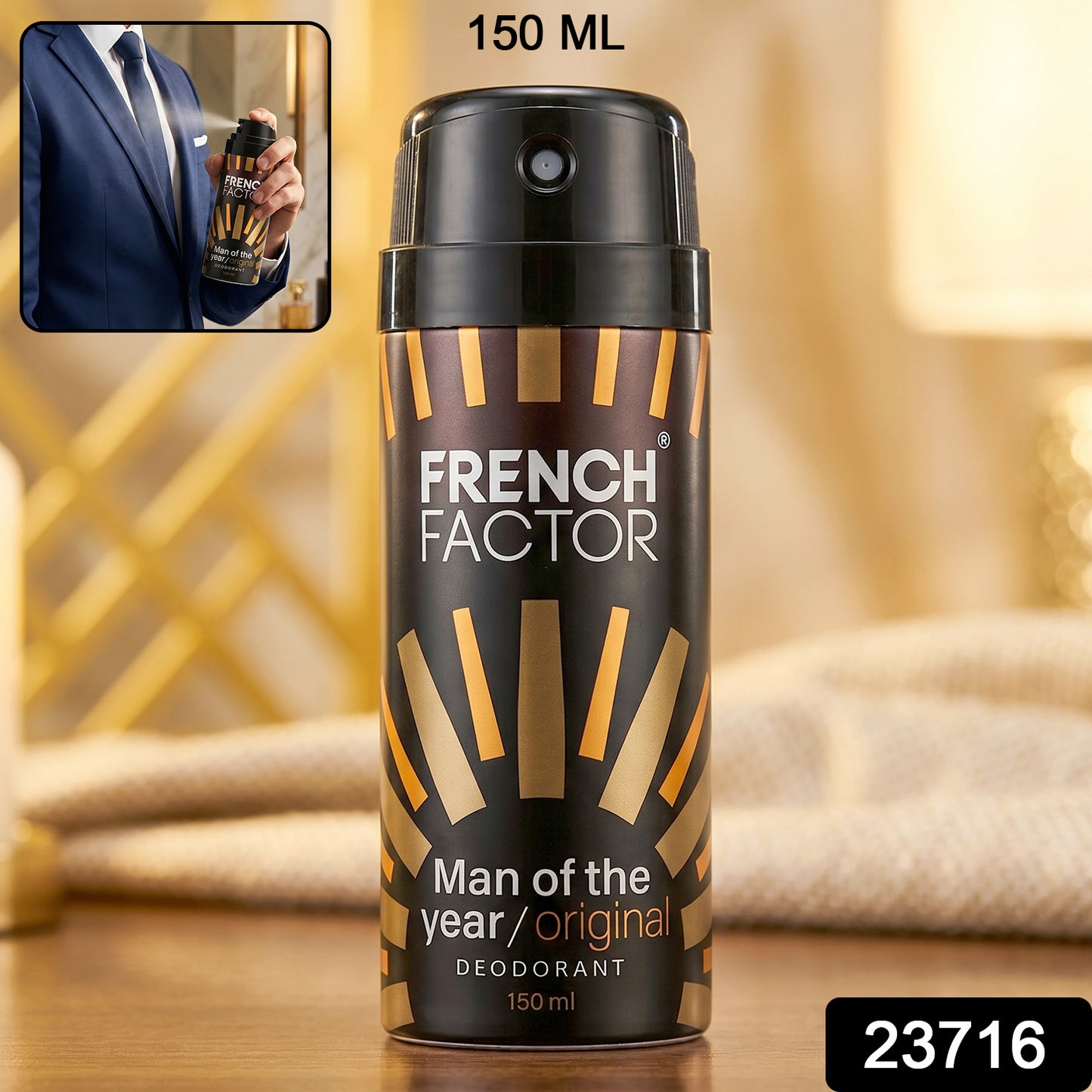 Wukusy French Factor Man Of The Year body spray bottle, 150ml, with sleek design and branding visible.