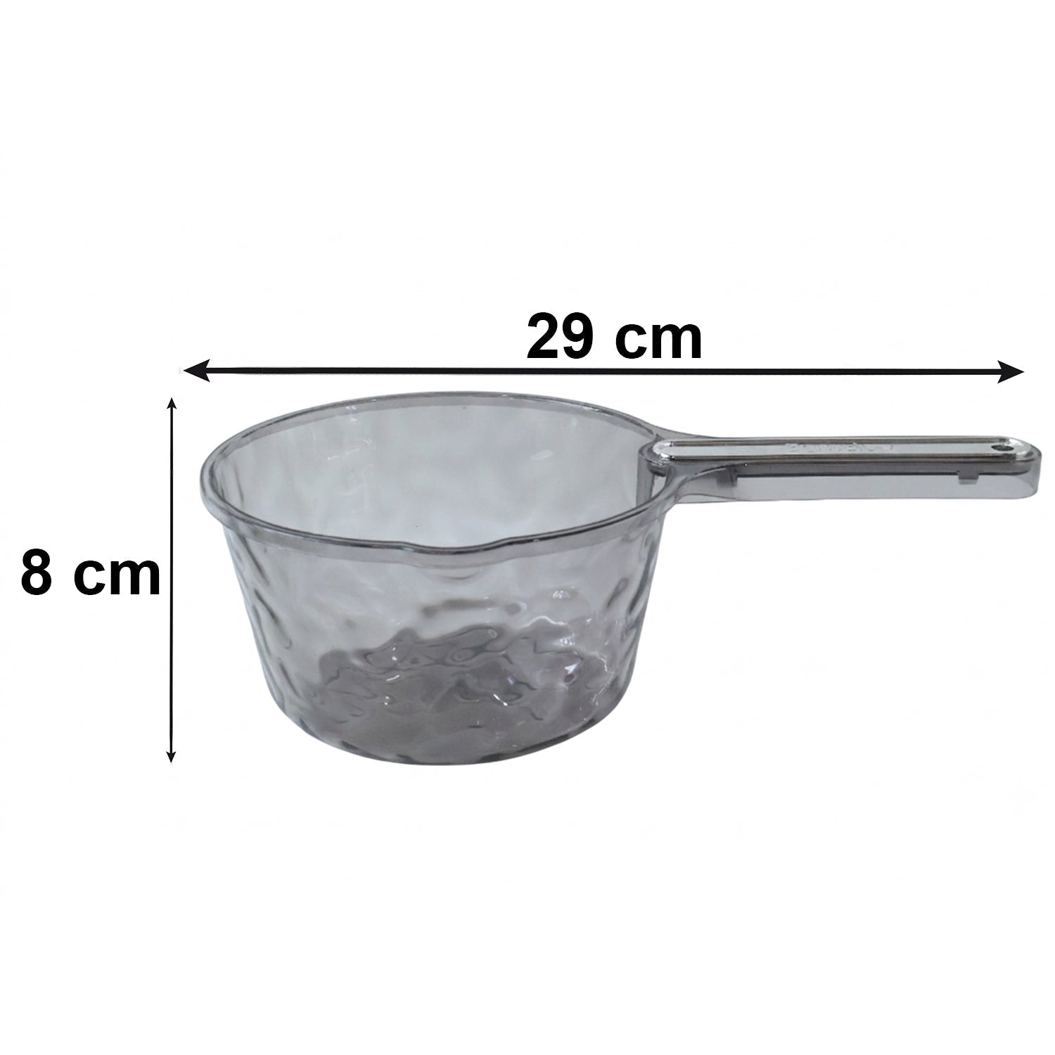 Transparent plastic water dipper scoop with handle for bathroom, suitable for measuring or transferring water, by Wukusy.