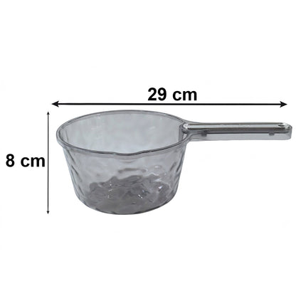 Transparent plastic water dipper scoop with handle for bathroom, suitable for measuring or transferring water, by Wukusy.