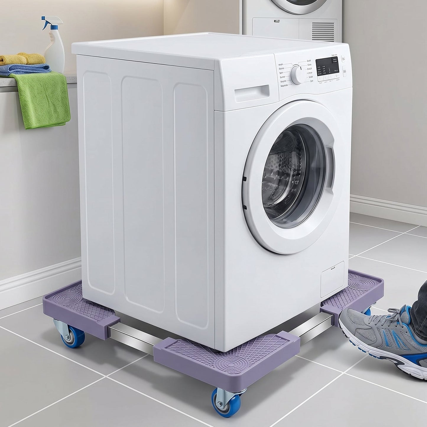 Wukusy adjustable fridge and washing machine stand with wheels, metal base, and movable design for easy appliance positioning.