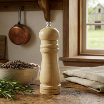 Wukusy classic wooden manual pepper grinding mill with a natural finish, featuring a traditional design and adjustable grinding mechanism.