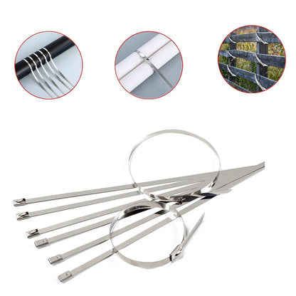 Set of 100 stainless steel cable ties by Wukusy, ideal for solar, industrial, and home improvement, rustproof and high strength.