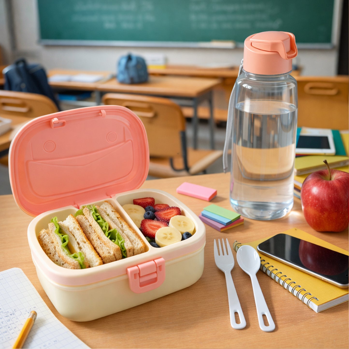 Wukusy plastic lunch box and water bottle combo set with teal lid, featuring a secure latch and matching water bottle for school or work.