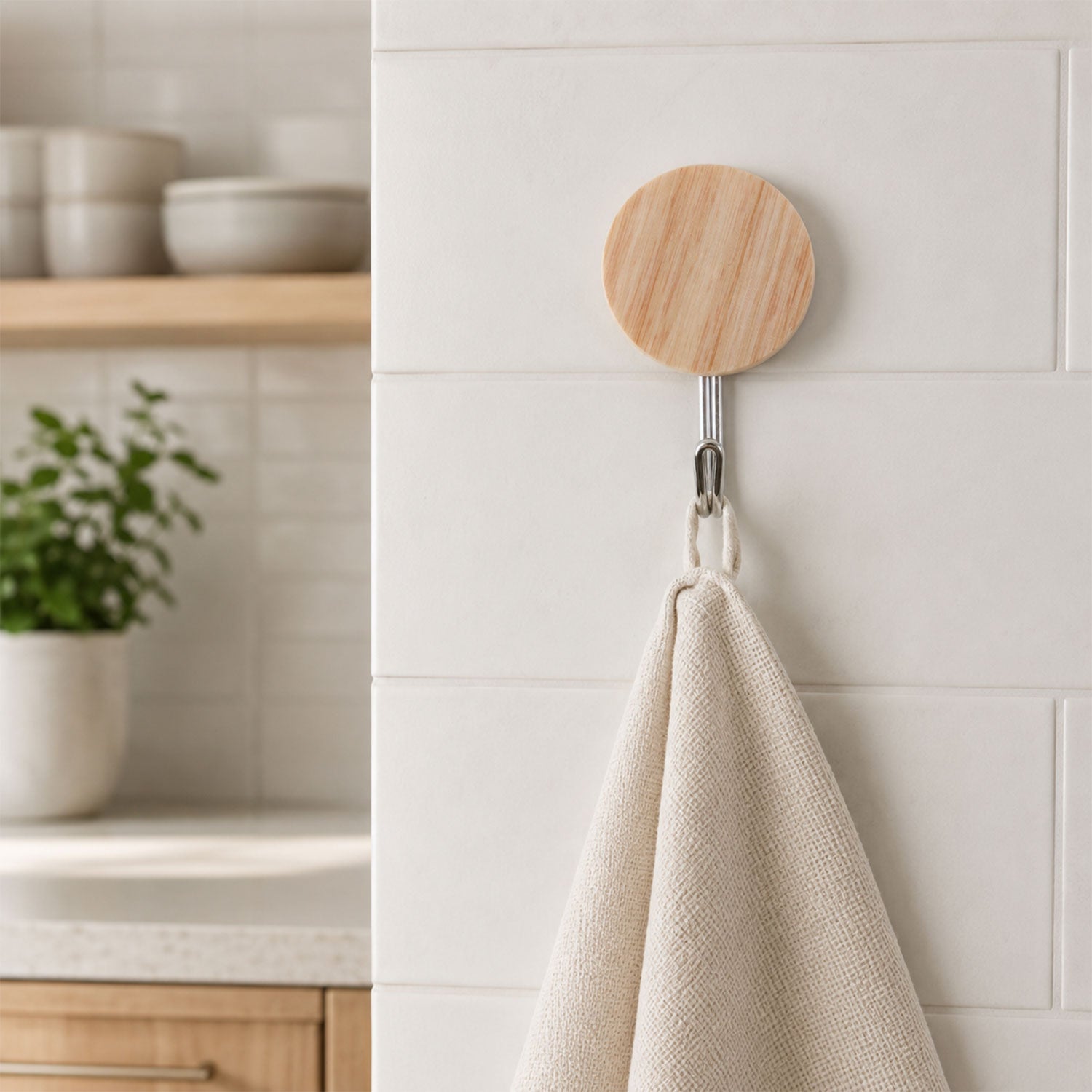 Set of 18 Wukusy self-adhesive wall hooks with a wooden look, strong sticky hangers for no-drill wall mounting.