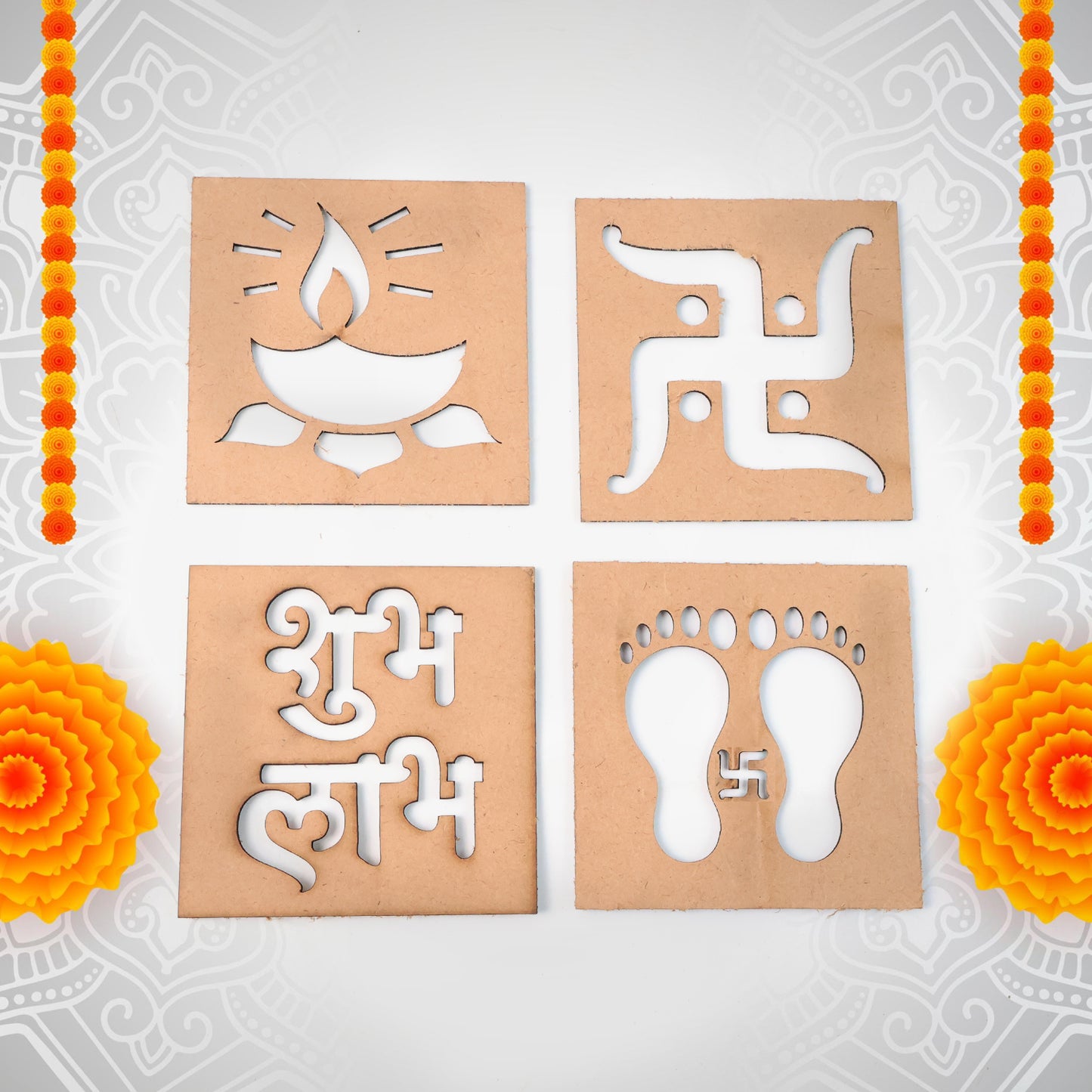 Set of four wooden decorative cutouts with mixed designs for home decor, by Wukusy. Handcrafted wooden wall accents.