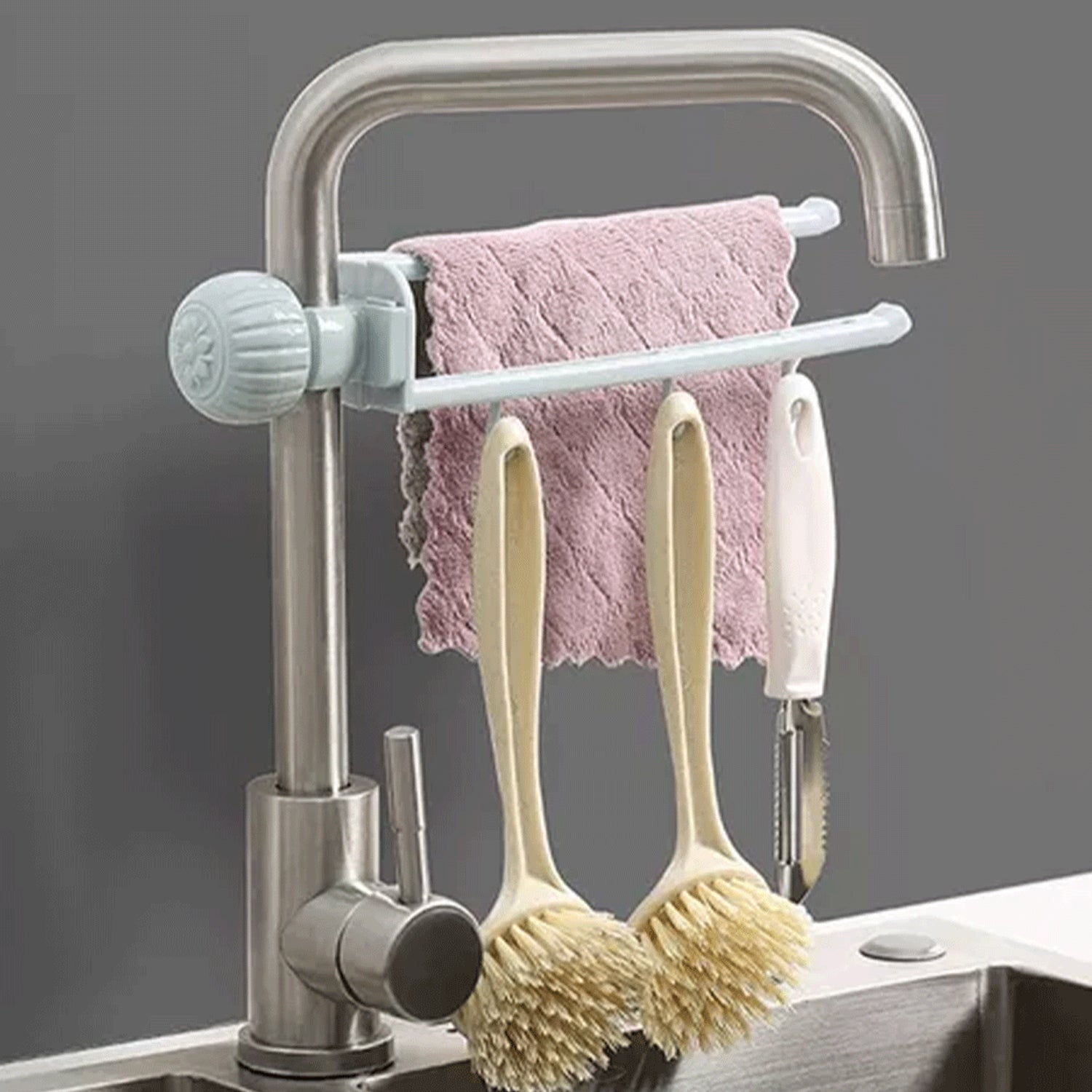 Wukusy multipurpose sink faucet with hanging towel and cleaning tool holder, metal design for kitchen organization