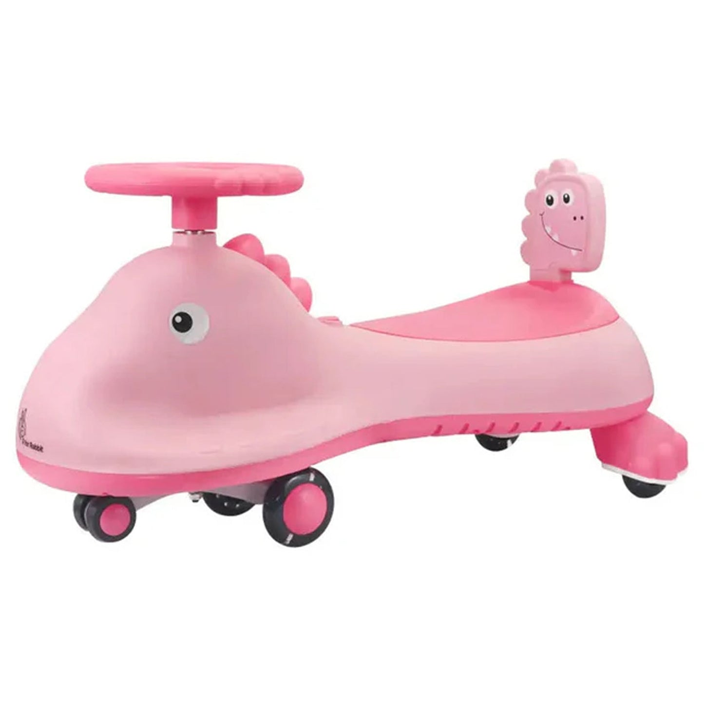 Pink kids swing car ride-on toy by Wukusy with shark design, music, and magic twist feature, suitable for young children.