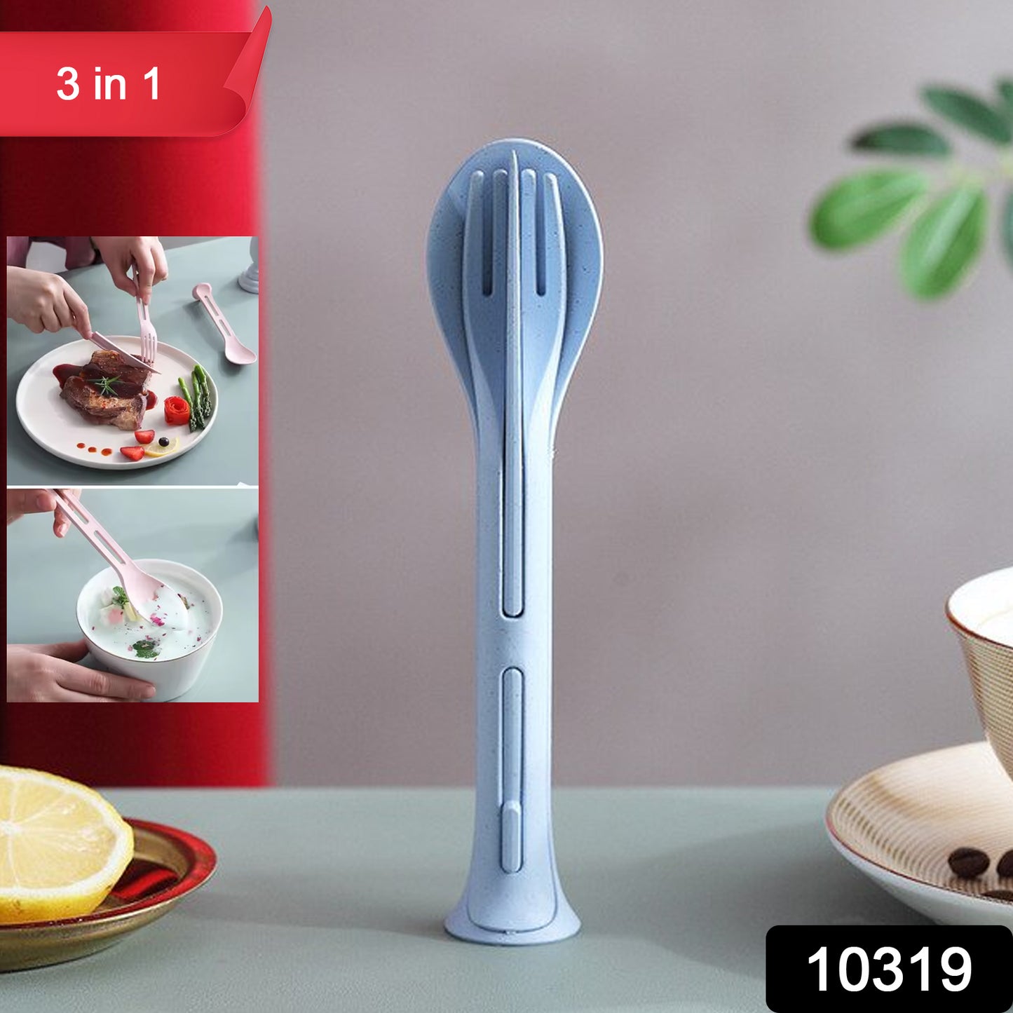 Wukusy 3-in-1 reusable spoon, knife, and fork set for kitchen tableware, compact and eco-friendly dining utensils.