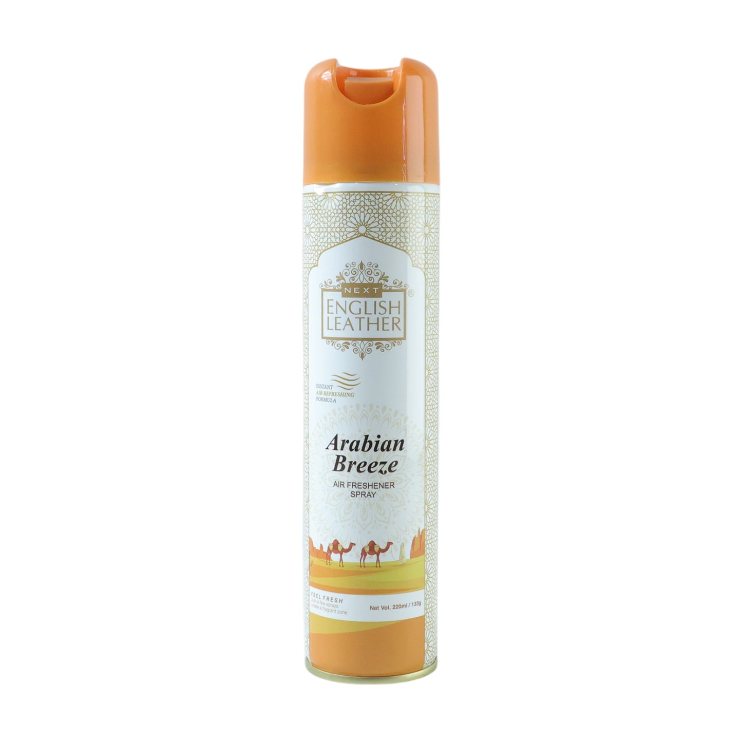 Next Premium English Leather Arabian Breeze air freshener spray by Wukusy, 220 ml bottle with sleek design and elegant branding.