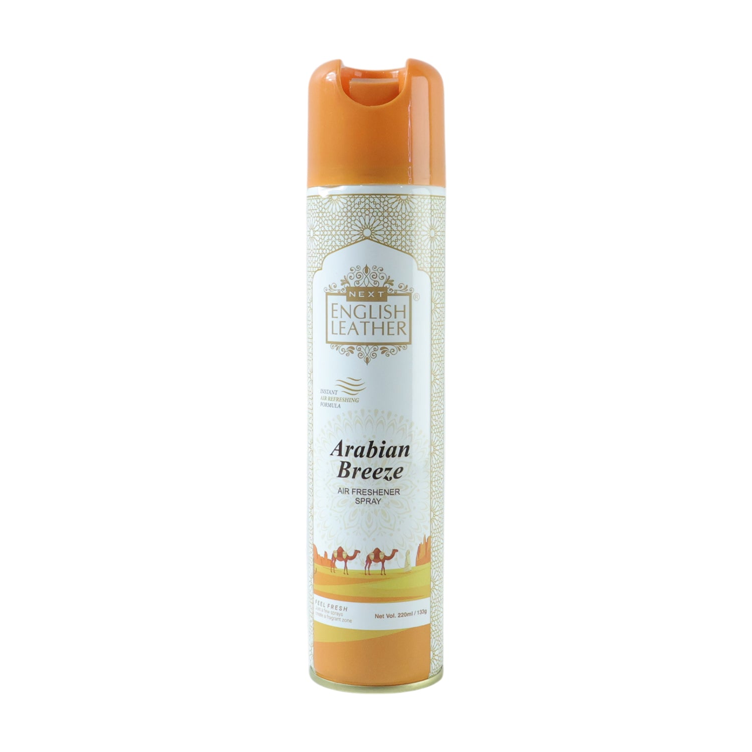 Next Premium English Leather Arabian Breeze air freshener spray by Wukusy, 220 ml bottle with sleek design and elegant branding.