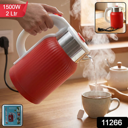 Red Wukusy 2L electric kettle with 1500W power, suitable for tea, coffee, milk, and hot water, shown with handle and spout.