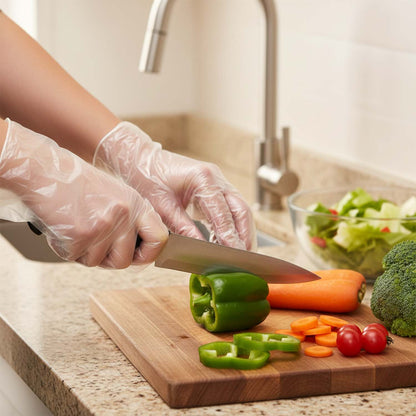 Pair of disposable clear gloves from Wukusy, open pack showing 50 medical or cleaning gloves on a clean surface.