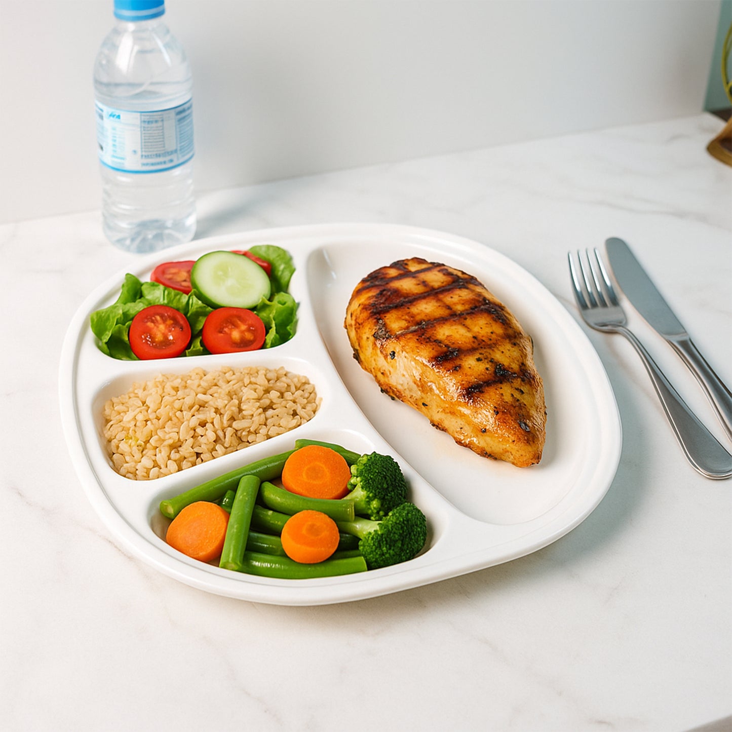 Wukusy plastic large compartment dinner plate with four sections, ideal for serving meals in a home and kitchen setting.