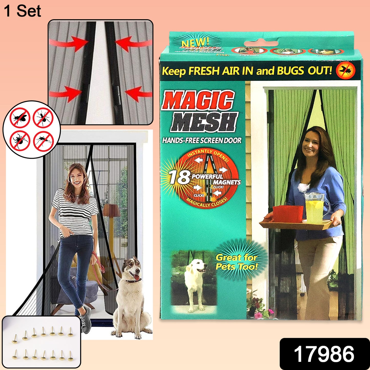 Wukusy Magic Mesh hands-free screen door set with lightweight mesh fabric for easy opening and closing in a home doorway.