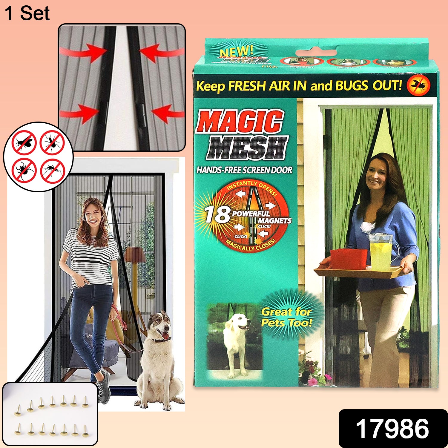 Wukusy Magic Mesh hands-free screen door set with lightweight mesh fabric for easy opening and closing in a home doorway.