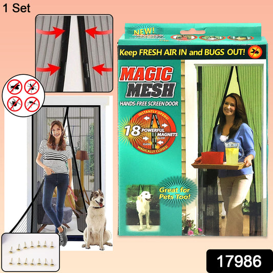 Wukusy Magic Mesh hands-free screen door set with lightweight mesh fabric for easy opening and closing in a home doorway.